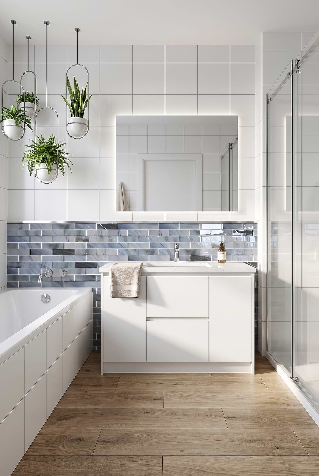 Blue Gray Sparkle Glass Subway Backsplash Above White Vanity BA8010