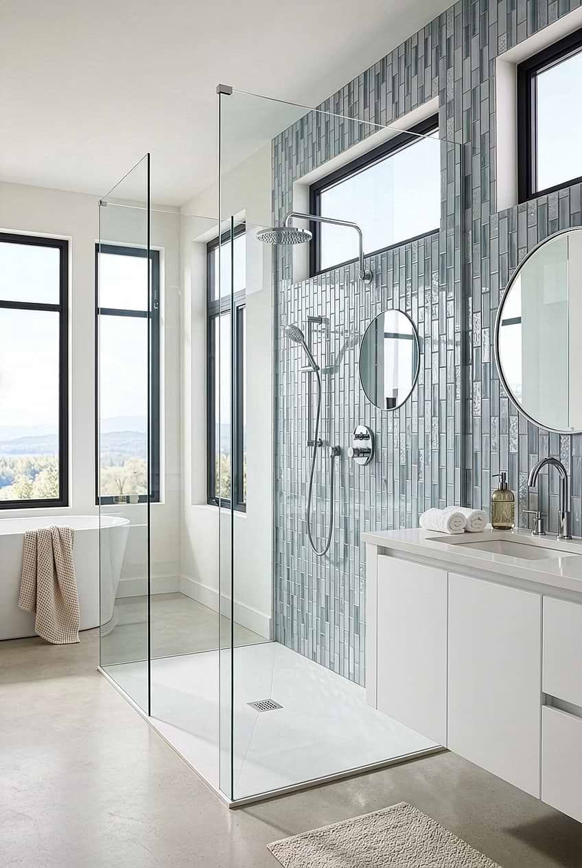 Blue Gray Textured Glass Subway Shower Wall with White Vanity BA5507 LOT B
