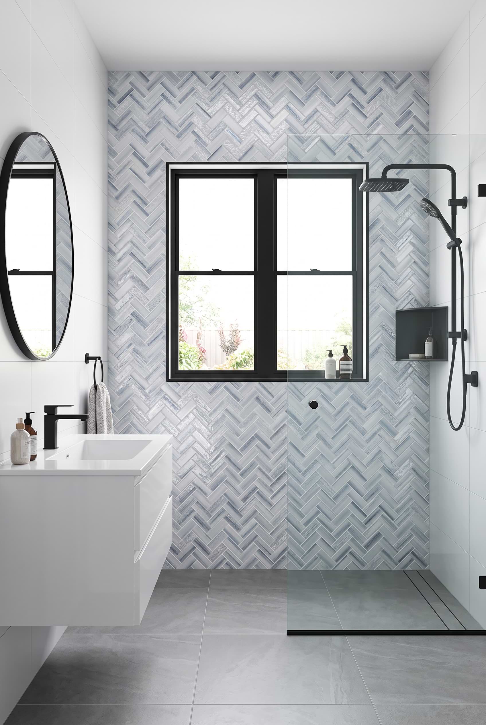 Blue Gray Textured Glass Herringbone Shower with White Vanity BA5507 LOT B