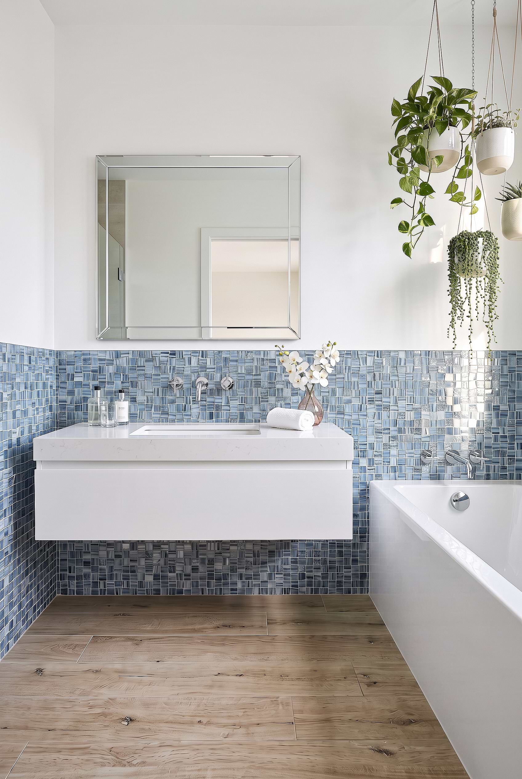 Hand Painted Blue Glass Mosaic Backsplash Above White Floating Vanity BA5515