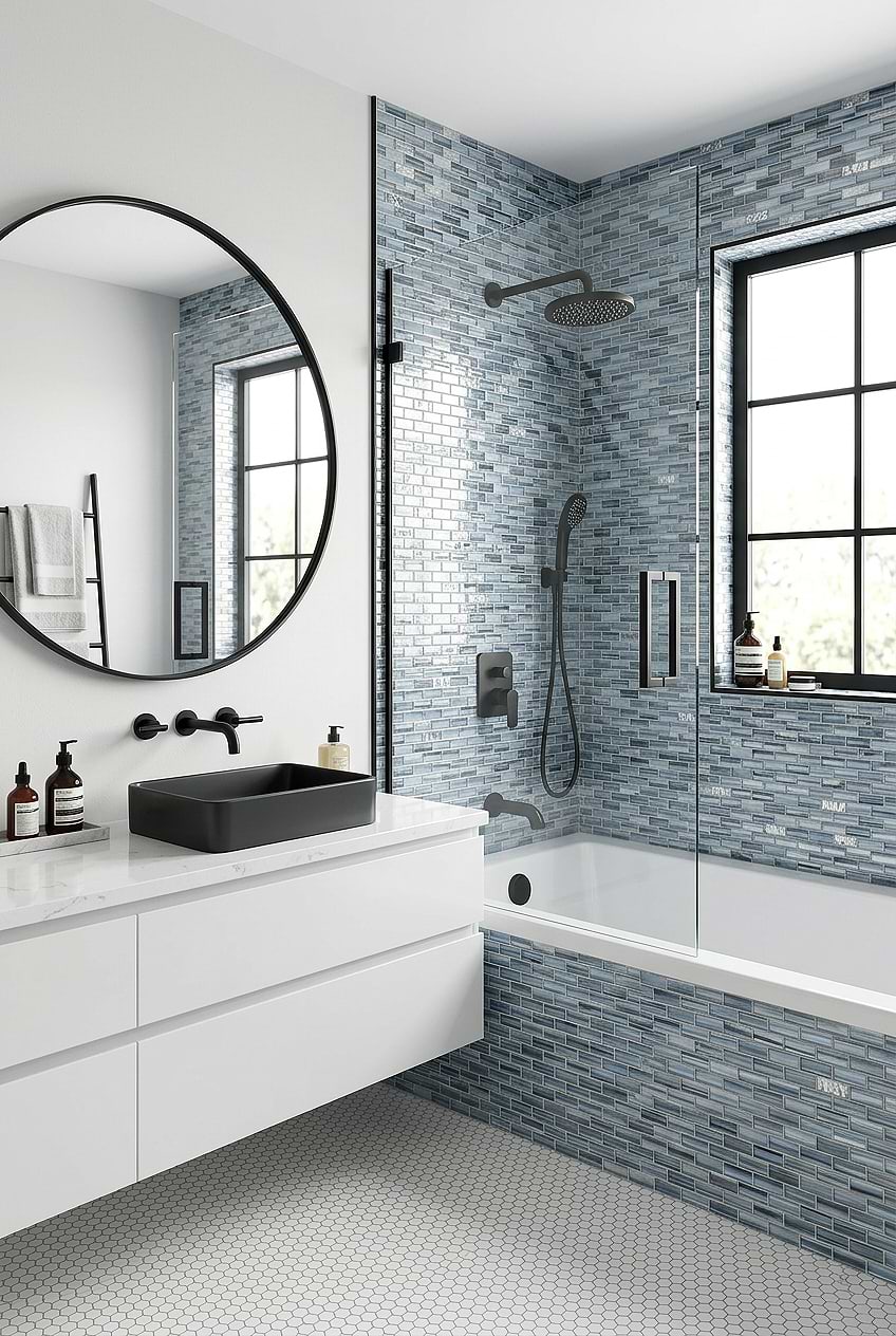 Hand Painted Blue Glass Subway Shower with Black Fixtures BA5516