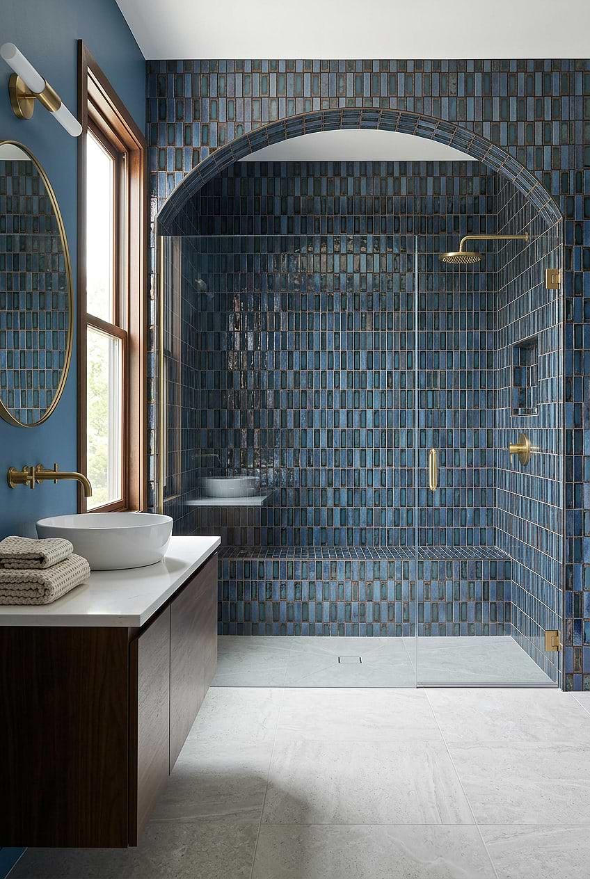 Blue Rustic Glass Arched Shower Tile Design BA6204