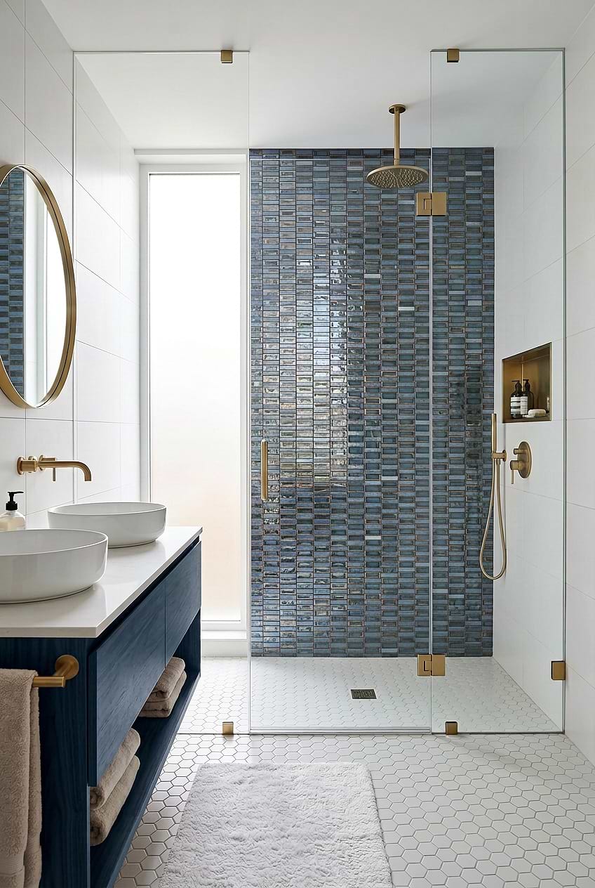 Rustic Blue Glass Accent Wall in Brass Fixture Shower BA6204