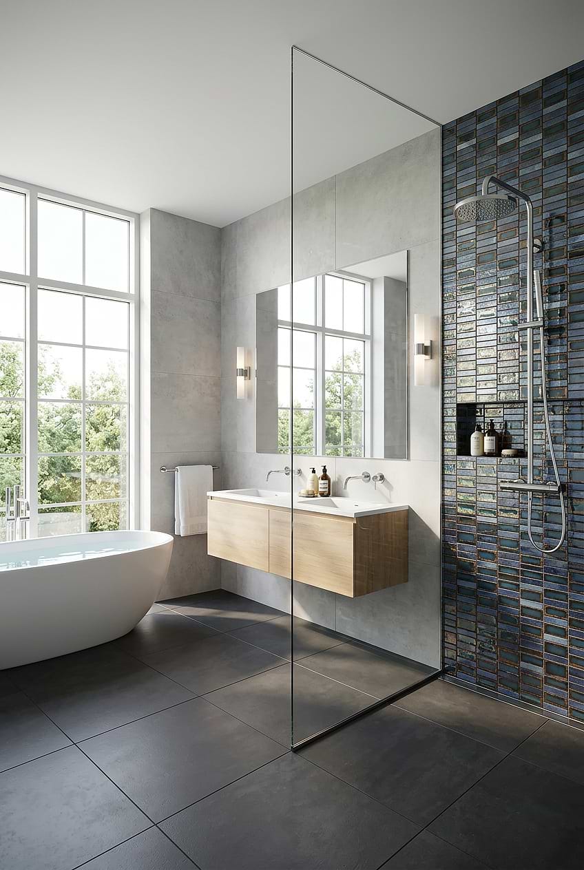 Blue Rustic Glass Shower Wall Design BA6204 Blue Rustic Glass Shower Wall Design BA6204