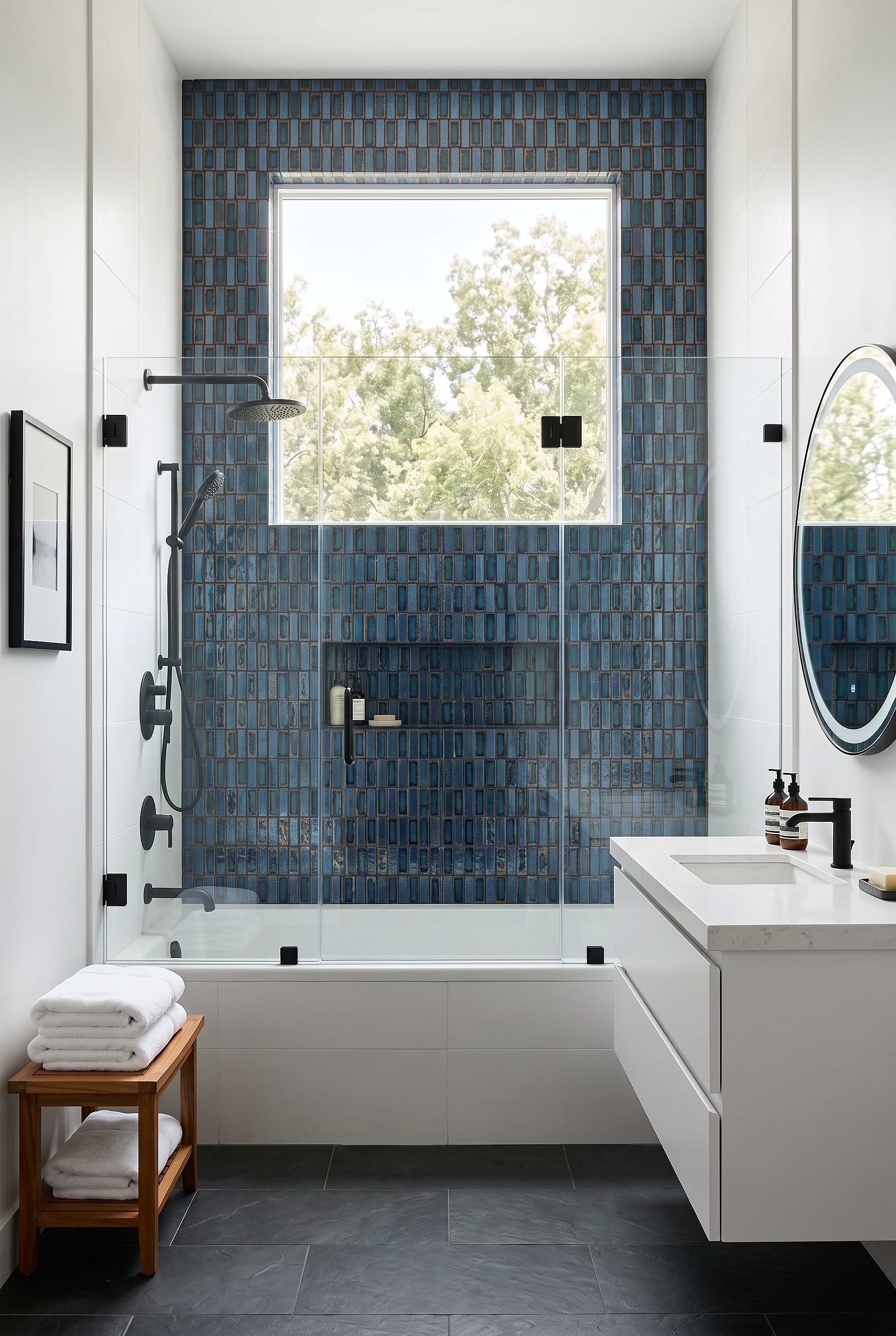 Deep Blue Rustic Glass Shower Wall with Freestanding White Tub BA6204