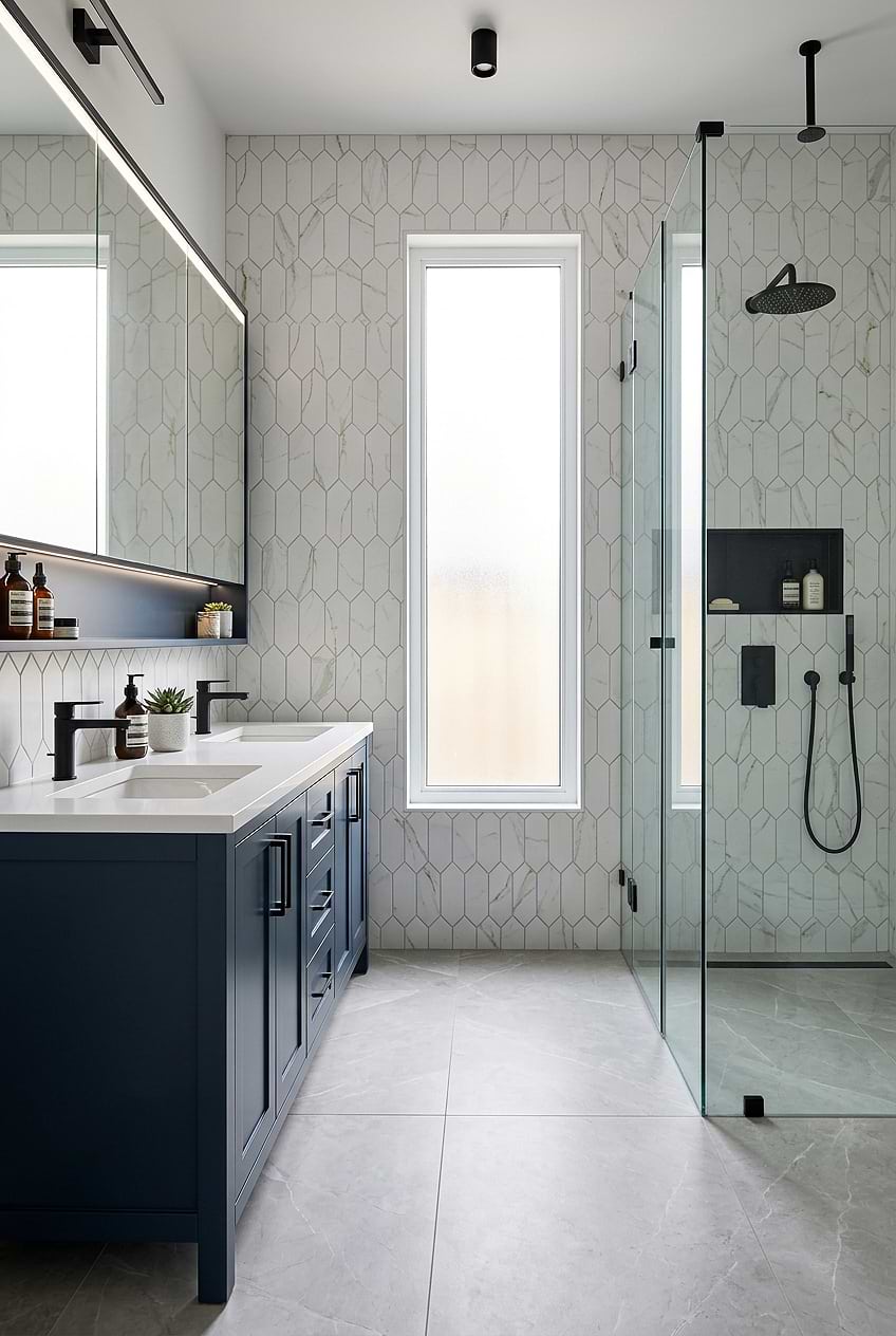Calacatta Gold Marble Look Glass Tile with Navy Vanity BA6702