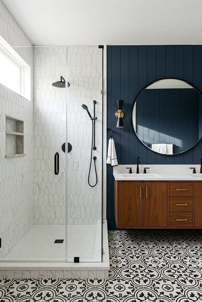 Calacatta Gold Geometric Glass Shower Tile with White Quartz Countertop BA6702