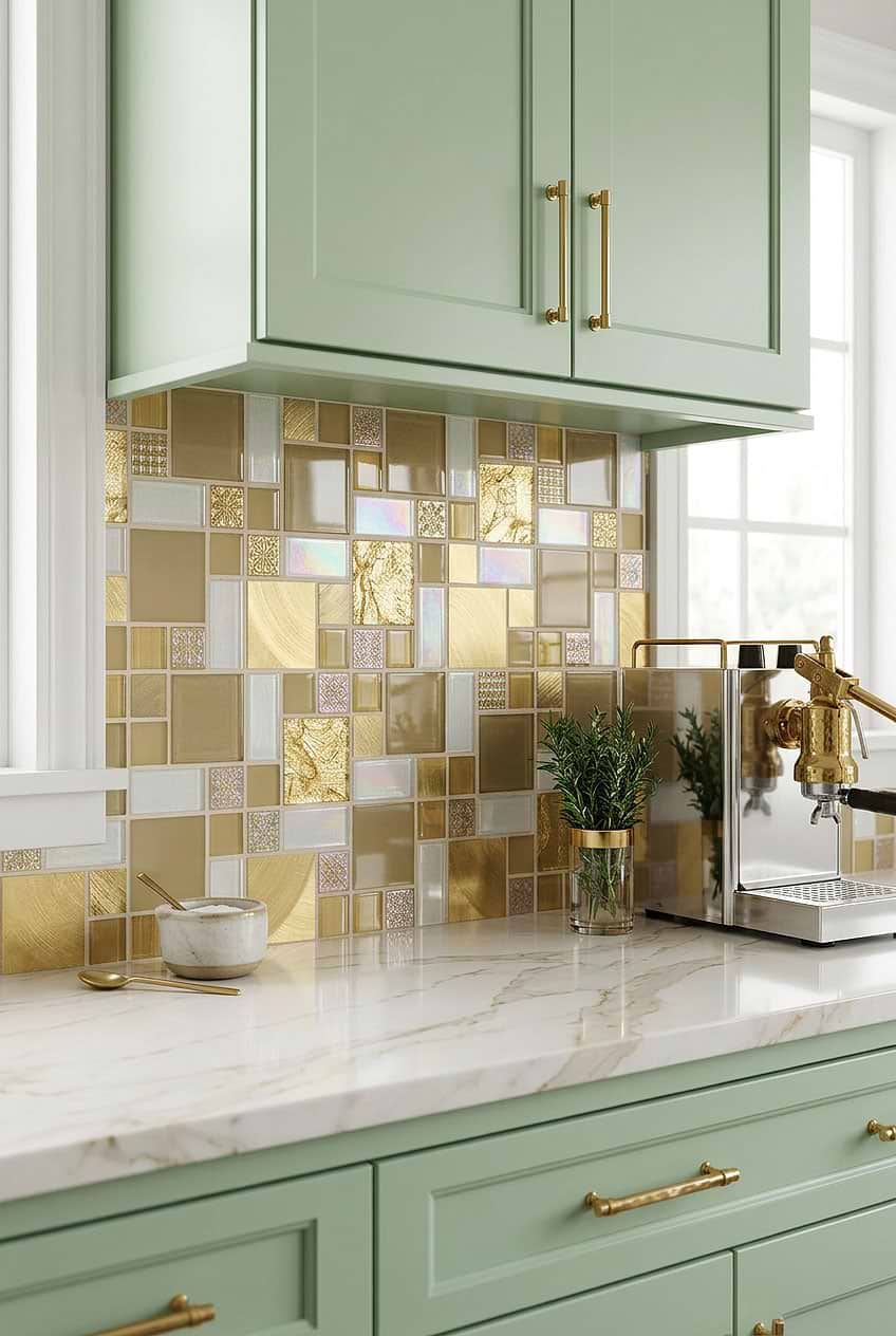 Gold Glass Metal Mosaic Kitchen Tile BA1139
