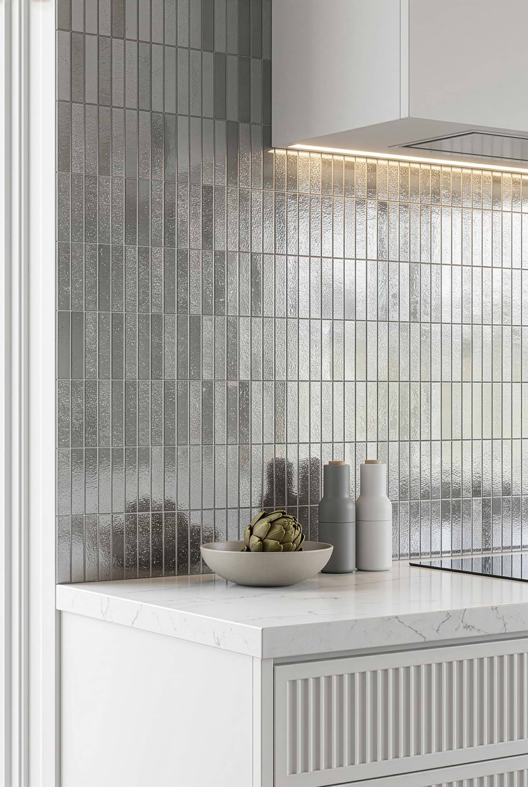Gray Metallic Glass Linear Kitchen Tile BA6205