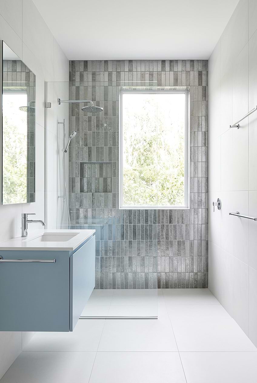 Gray Metallic Glass Shower Tile with Light Blue Floating Vanity BA6205