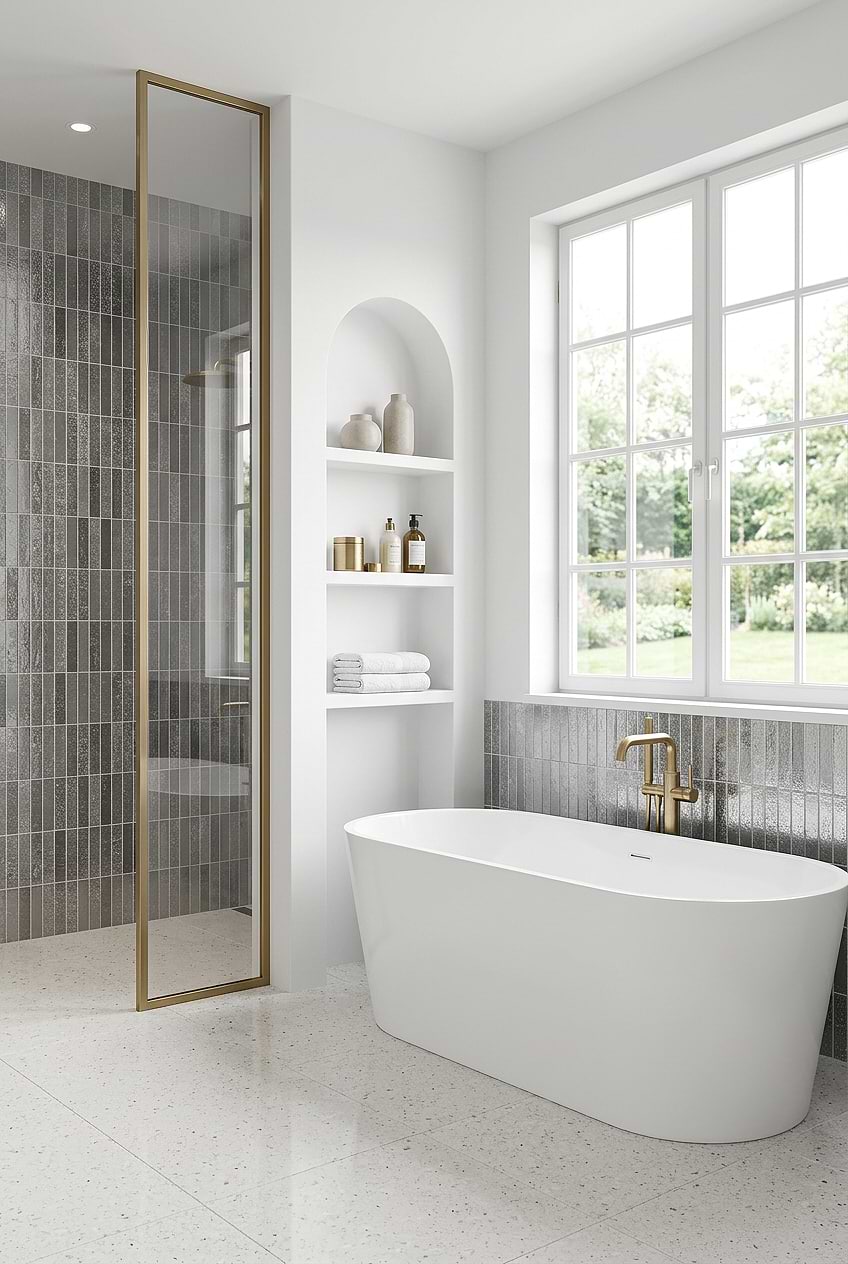 Gray Metallic Linear Shower Tile Design BA6205 Gray Metallic Linear Shower Tile Design BA6205