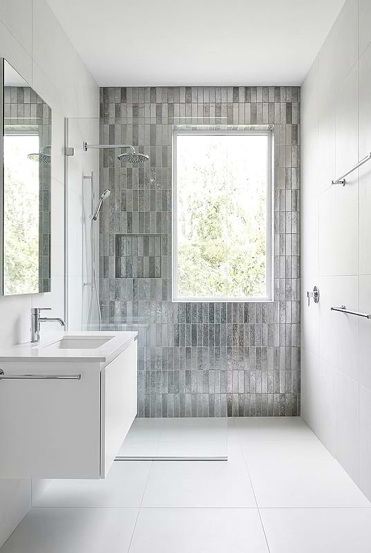 Gray Metallic Travertine Linear Shower Wall BA6205