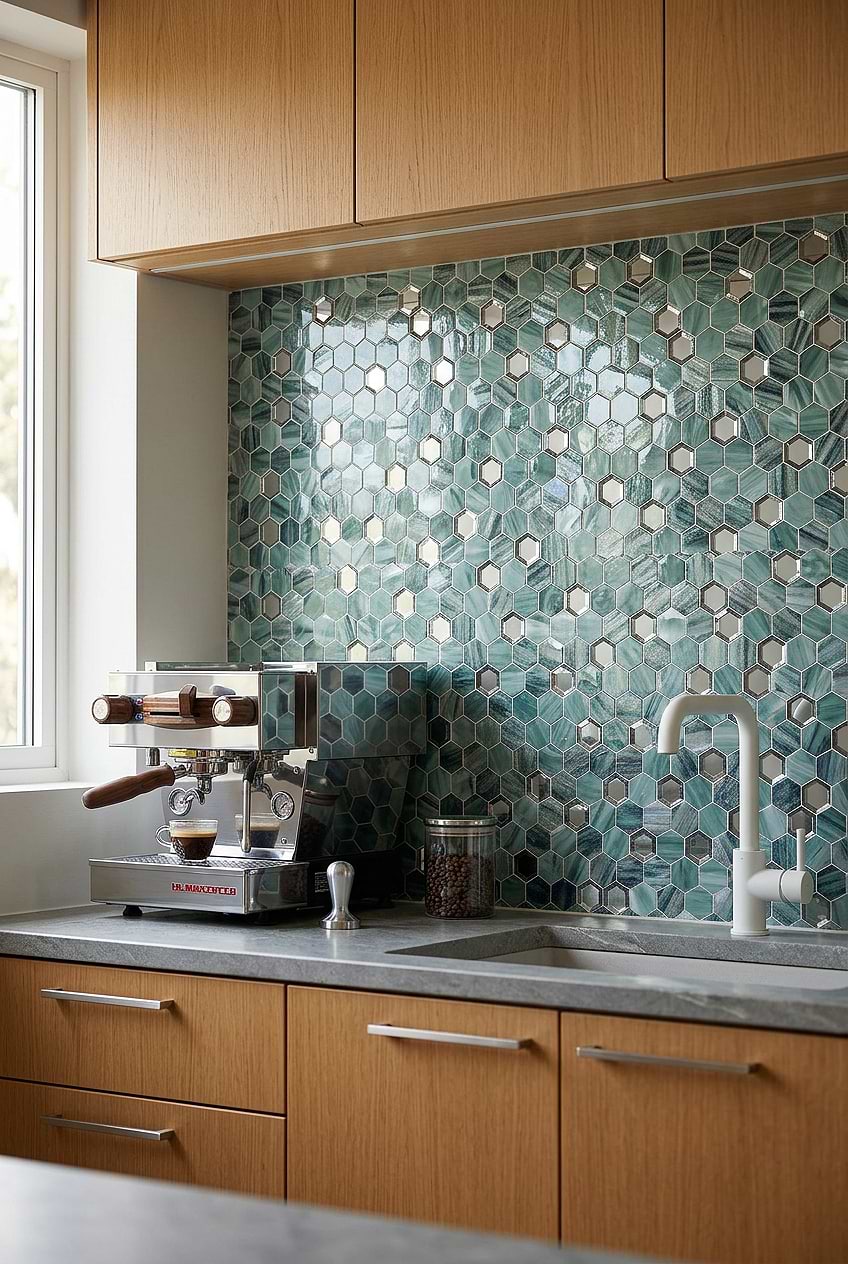 Green Glass Metal Hexagon Kitchen Tile BA6203
