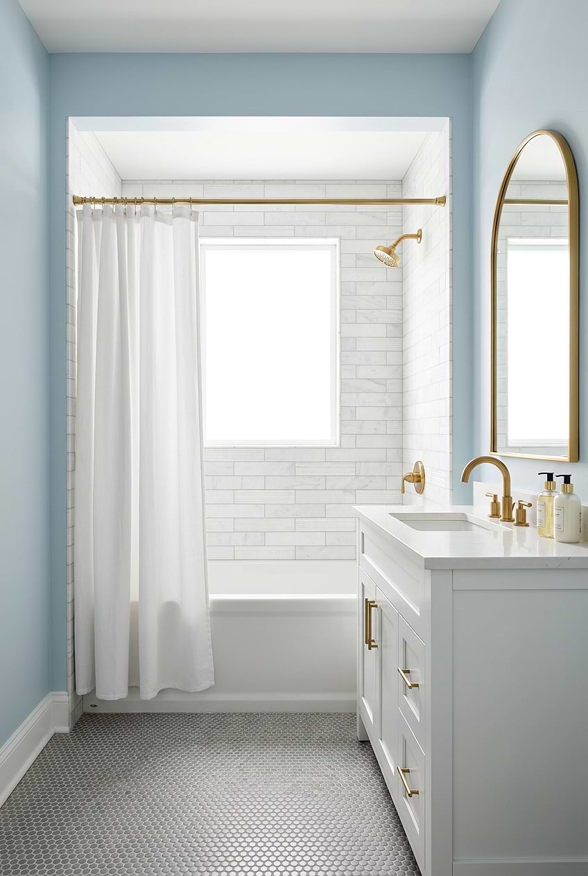 Polished White Marble Subway Shower with Brass Fixtures BA8035