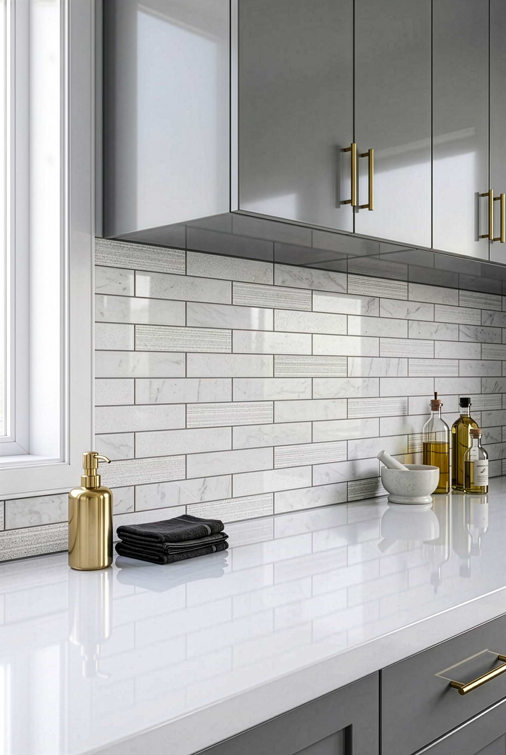 Large White Marble Subway Modern Kitchen BA8035