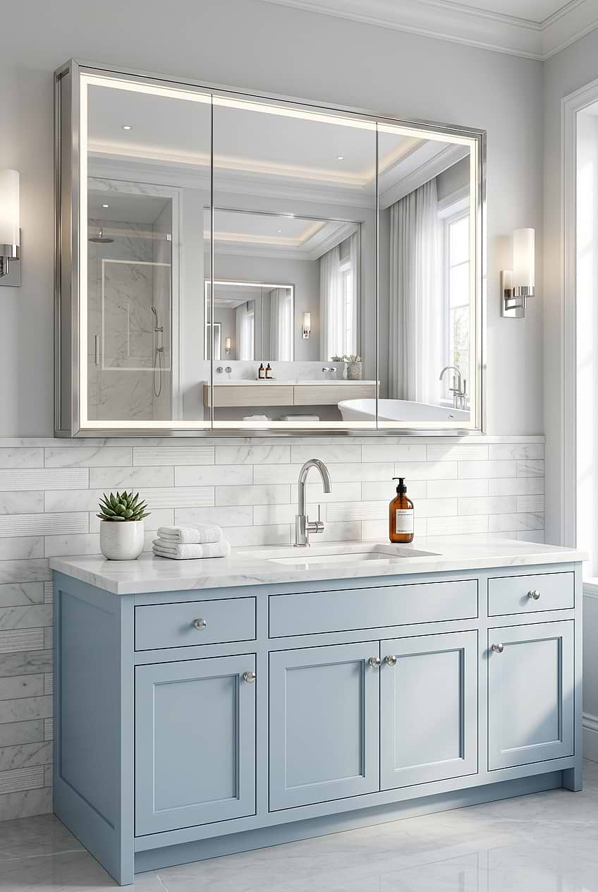 White Marble Subway Vanity Backsplash with Soft Blue Cabinetry BA8035
