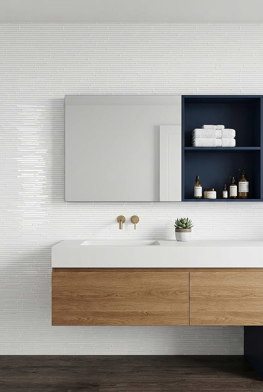 Modern White Linear Glass Mosaic Backsplash with Light Oak Vanity BA1164