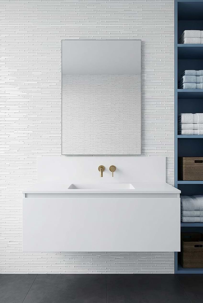 White Linear Glass Mosaic Backsplash Above Floating White Vanity BA1164