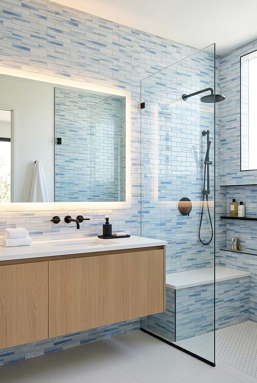 Ocean Blue Textured Glass Subway Shower Wall with Light Oak Vanity BA5507 LOT C
