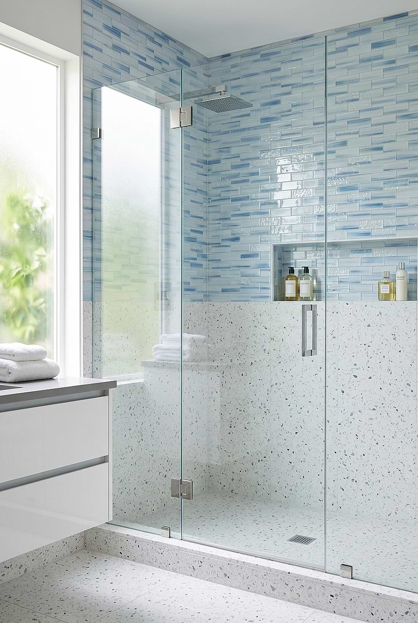 Ocean Blue Glass Subway Shower Design BA5507 LOT C Ocean Blue Glass Subway Shower Design BA5507 LOT C