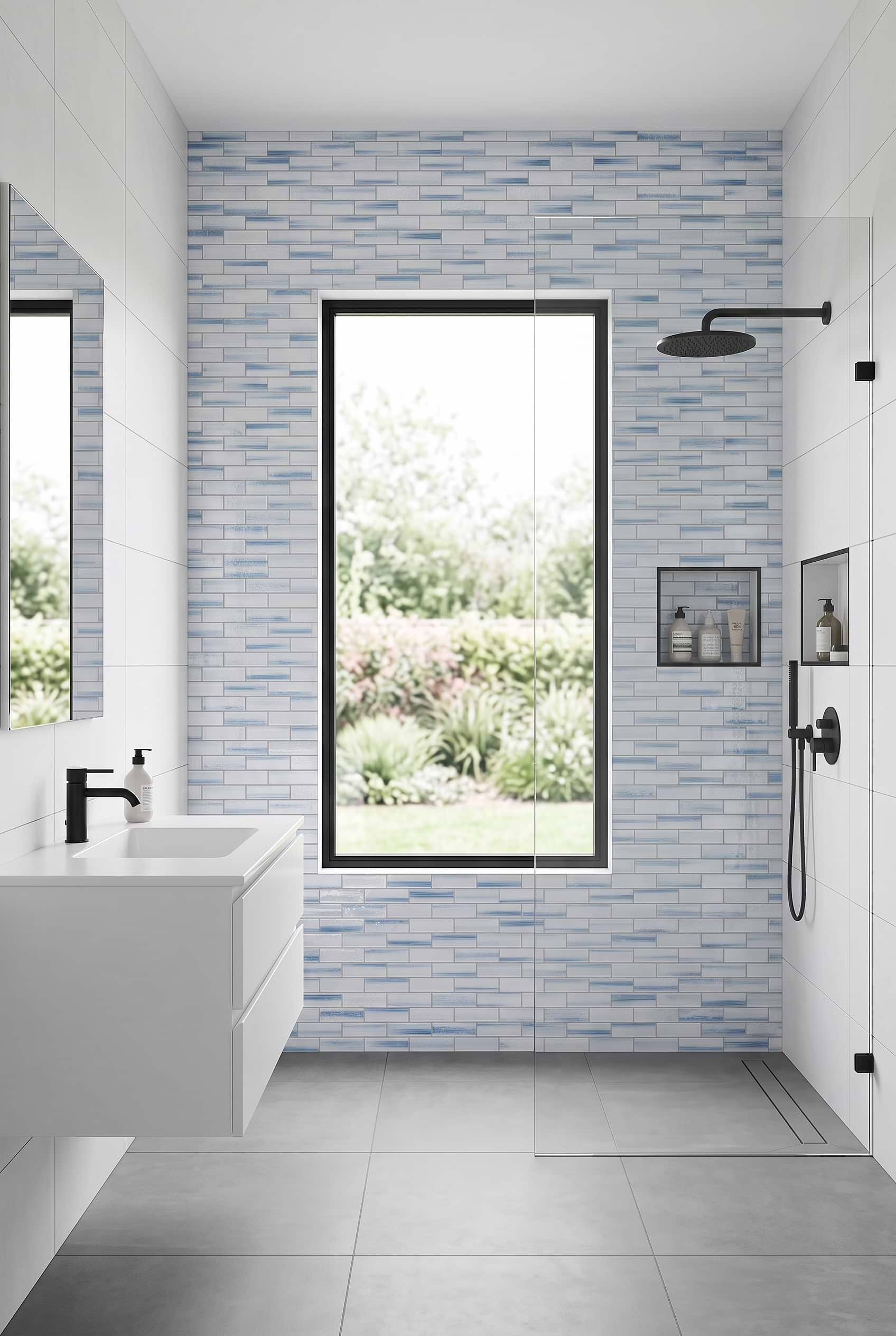 Full-Height Ocean Blue Textured Glass Subway Shower BA5507 LOT C