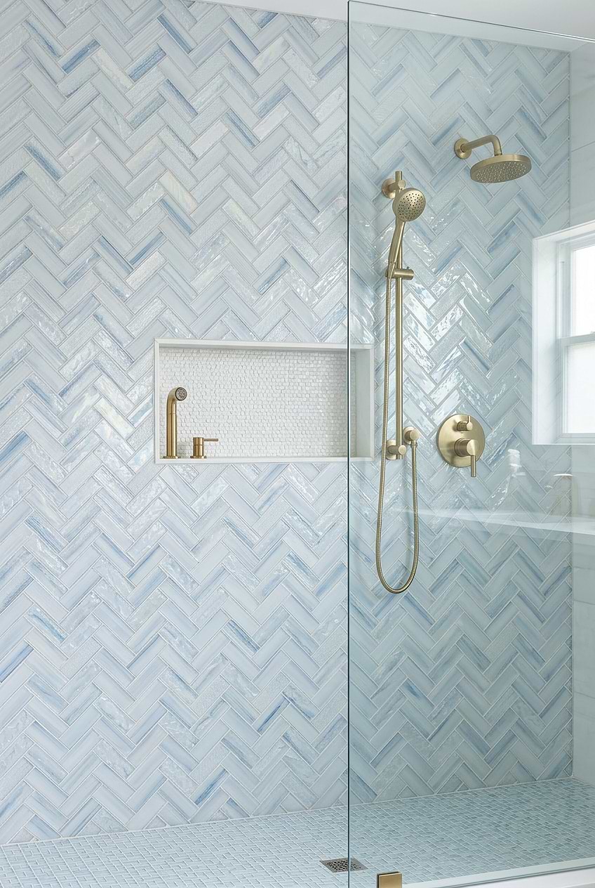 Ocean Blue Textured Glass Herringbone Shower with White Niche BA5507 LOT C