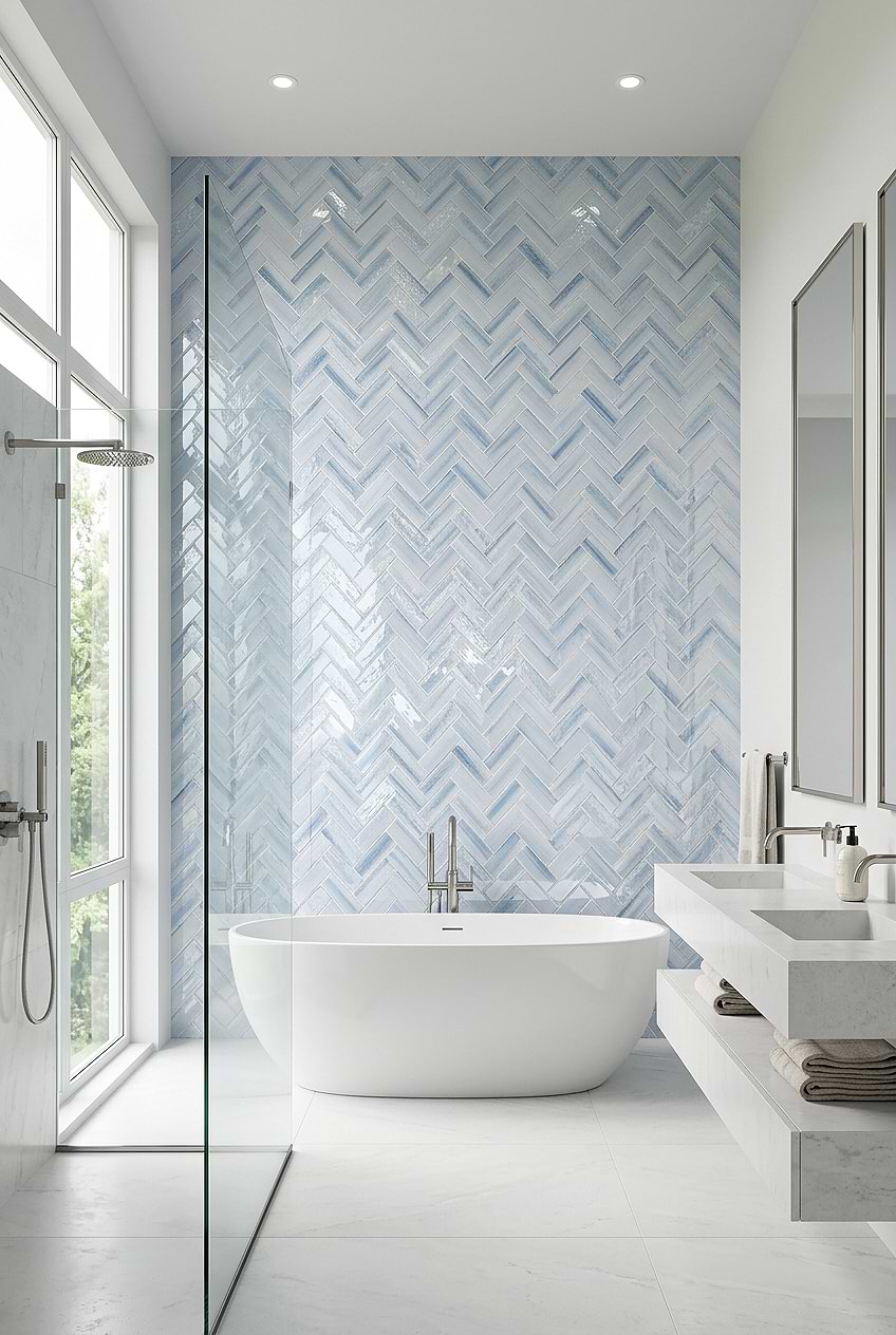 Ocean Blue Herringbone Glass Shower Tile BA5507 LOT C Ocean Blue Herringbone Glass Shower Tile BA5507 LOT C