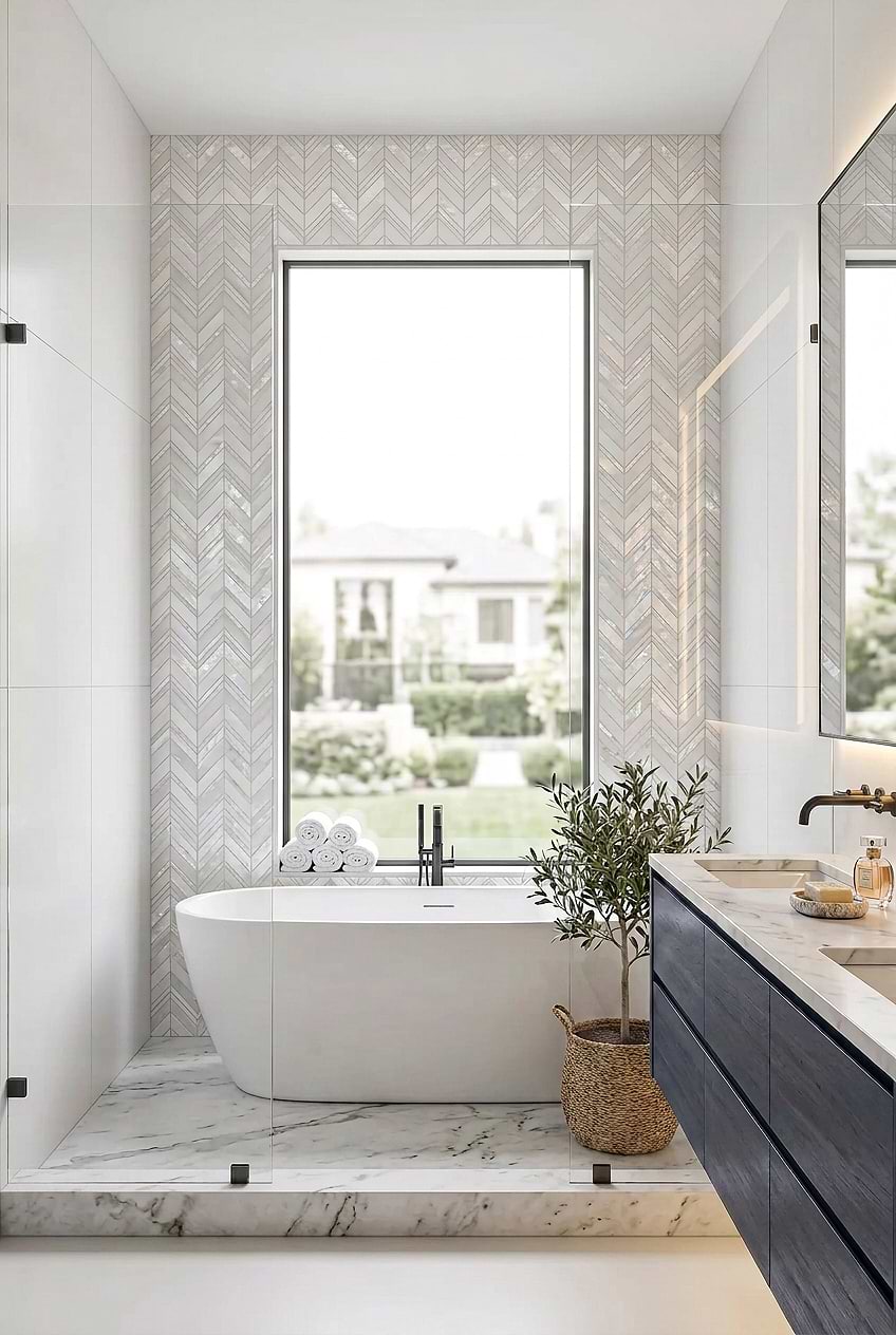 Pearl Marble Chevron Shower Tile with Dark Blue Vanity BA8030