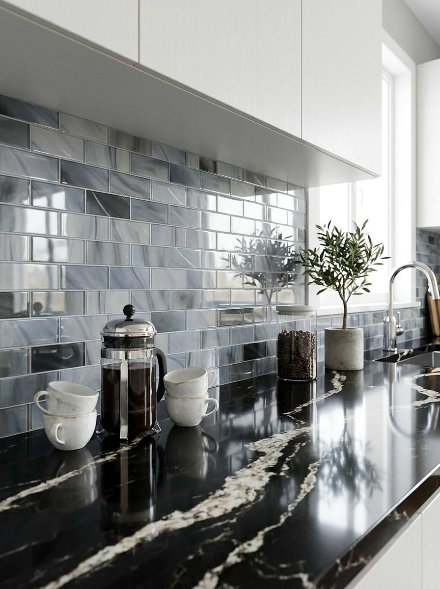 Reflective Blue Gray Glass Subway Tile Reflective Blue Gray Glass Subway Tile