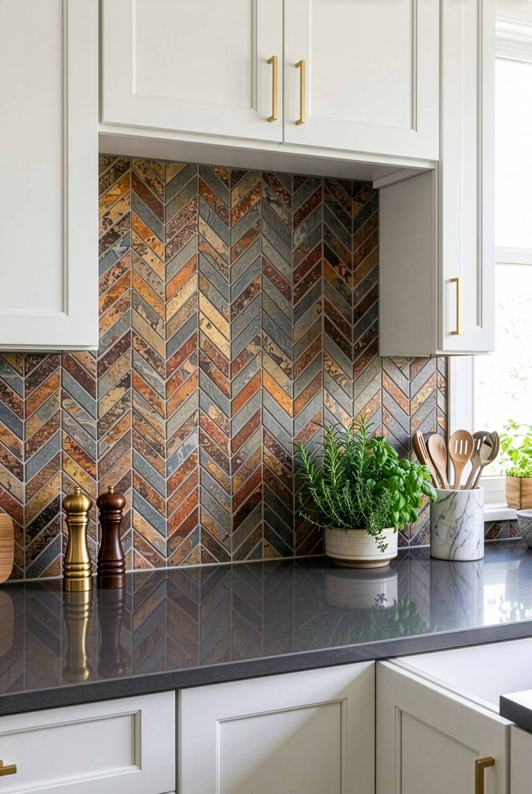 Rustic Brown Gray Slate Chevron Mosaic