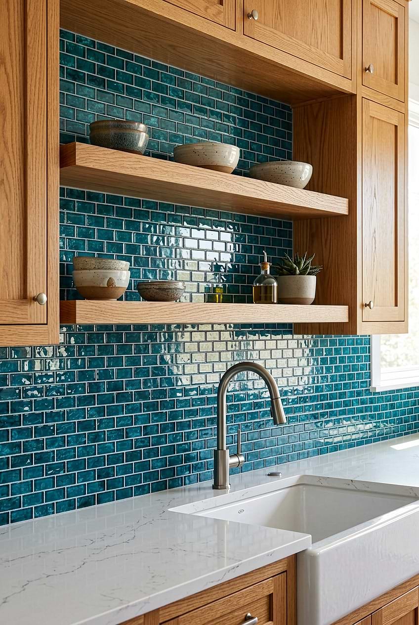 Teal Glass Subway Kitchen Tile BA5517