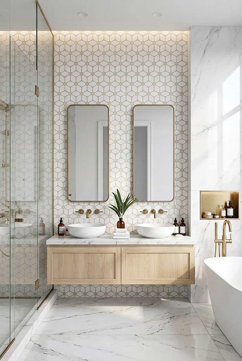 White Beige Marble Flower Bathroom Tile BA6310
