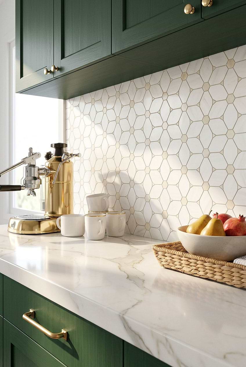 White Beige Marble Geometric Kitchen Tile BA6310