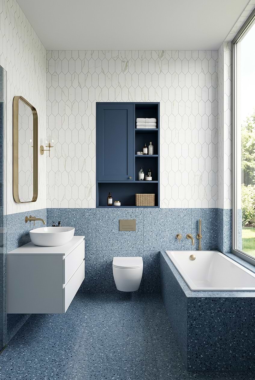 Calacatta Gold Glass Picket Wall with White Floating Vanity BA6702