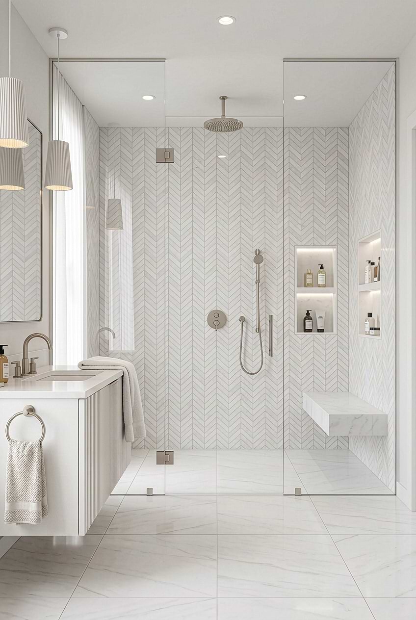 White Chevron Marble Shower Wall BA631613 White Chevron Marble Shower Wall BA631613