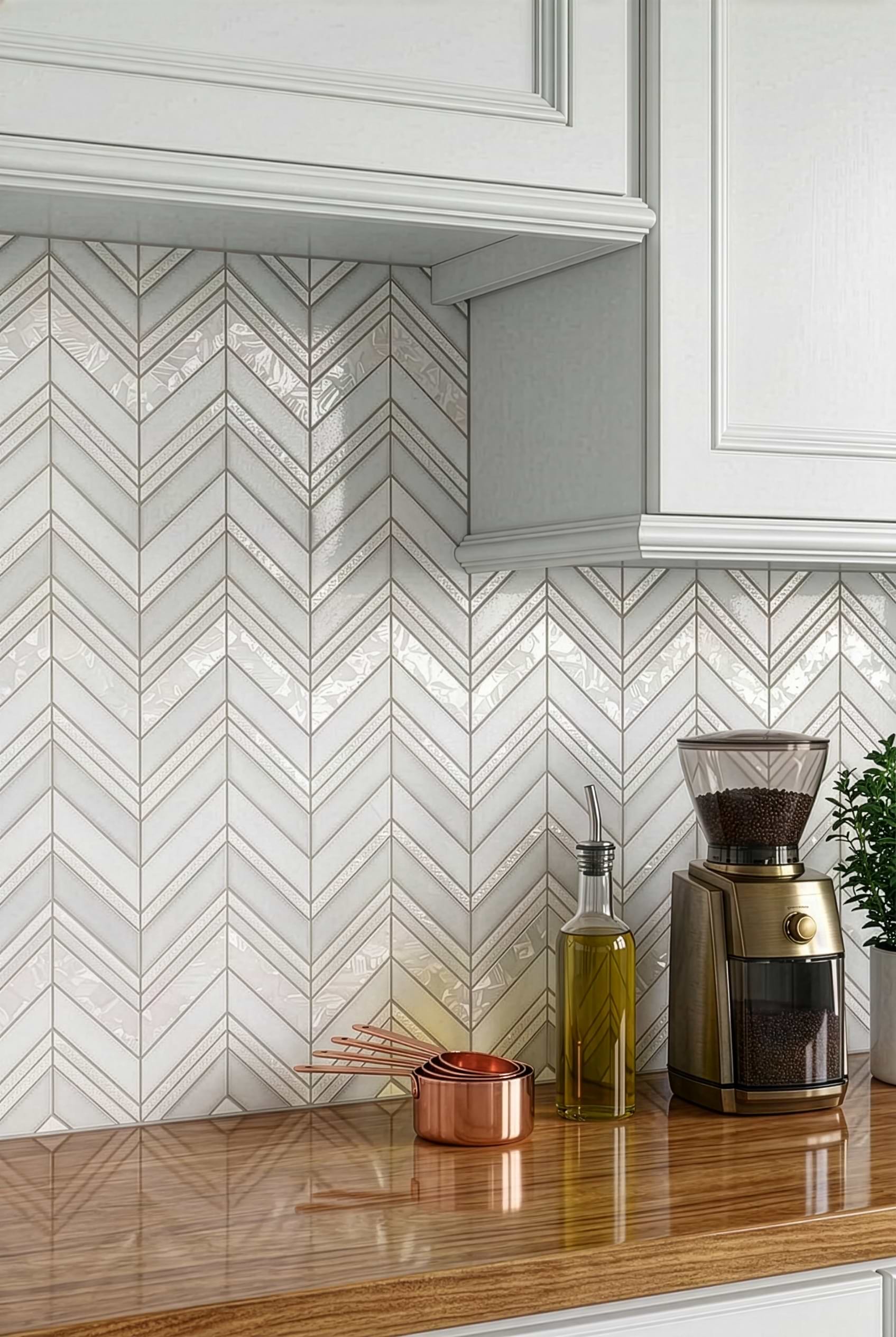White Chevron Pearl Marble Mosaic Tile BA8030