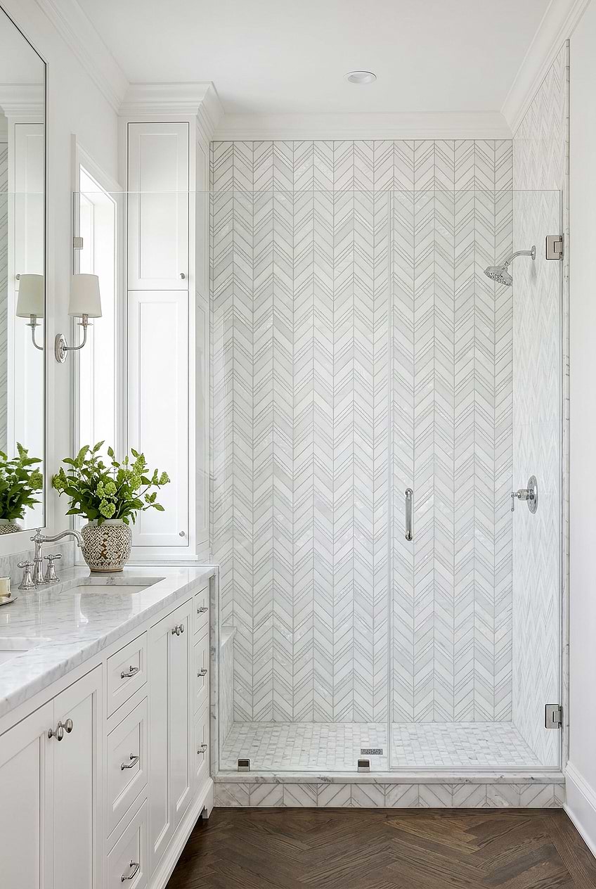White Chevron Pearl Marble Shower Tile BA8030