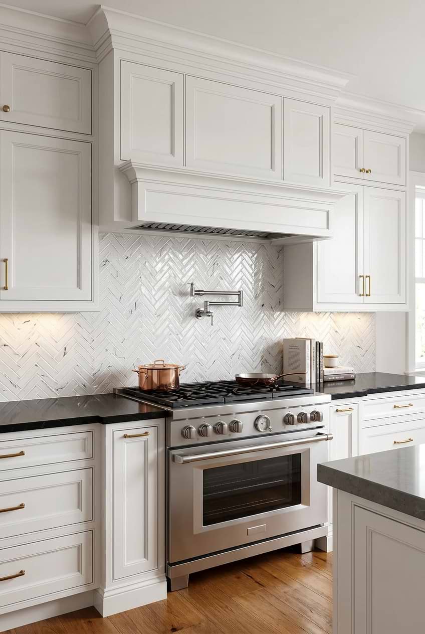 White Glass Herringbone Backsplash White Kitchen BA5503
