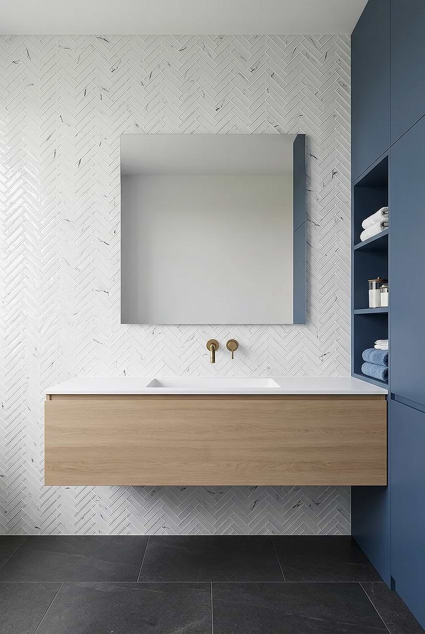 White Marble Look Glass Herringbone Wall with Light Oak Vanity BA5503