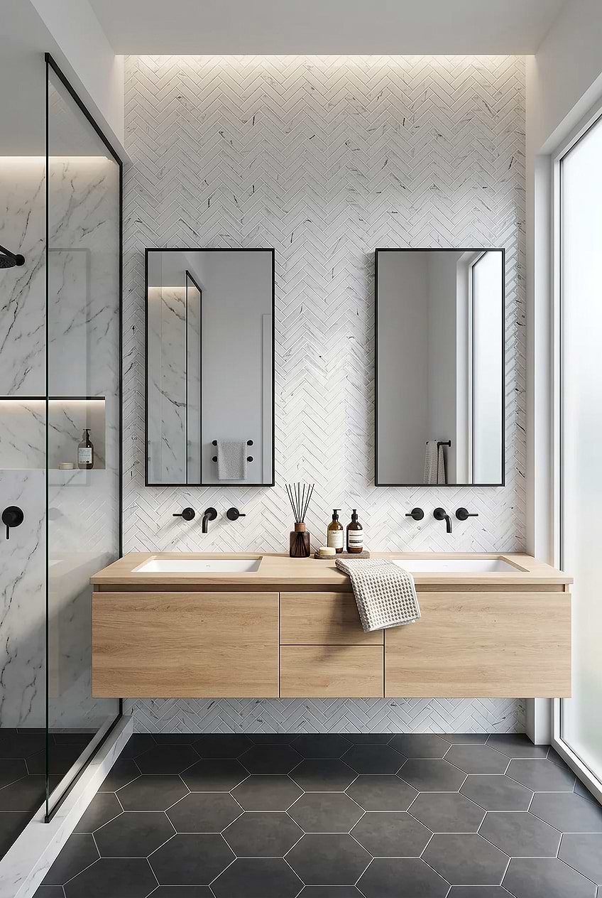 White Glass Herringbone Marble Bathroom Tile BA5503