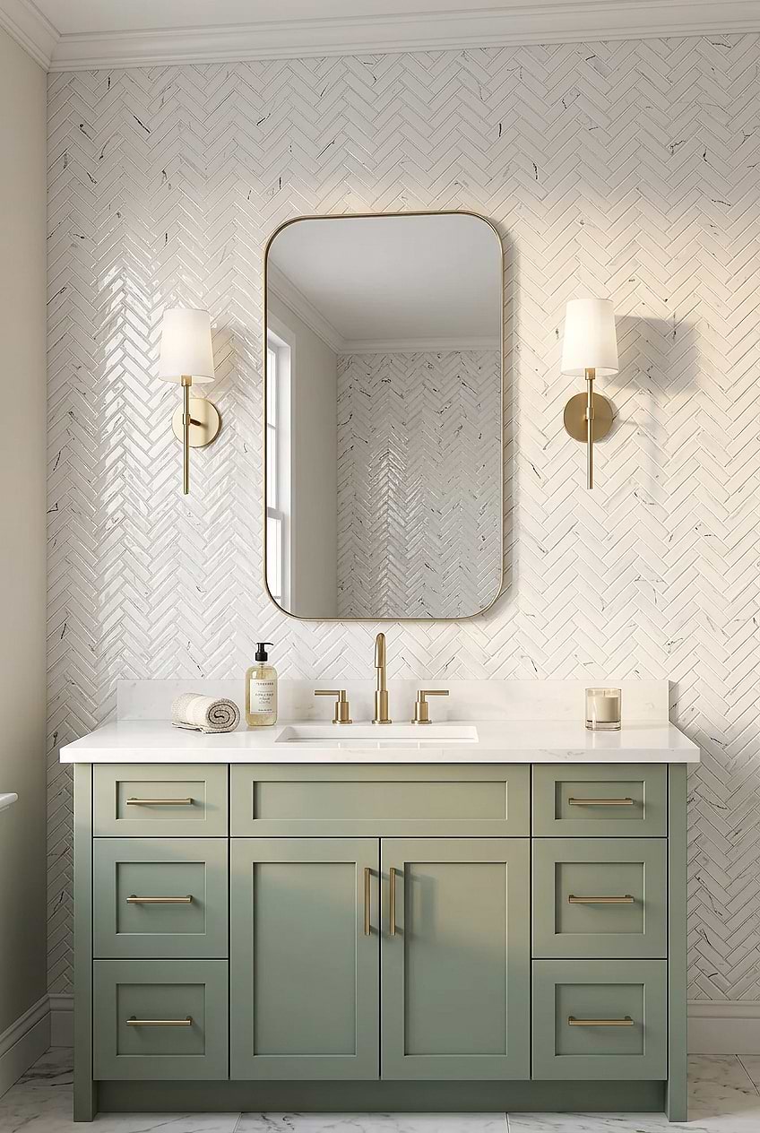 White Glass Herringbone Marble Bathroom Tile BA5503