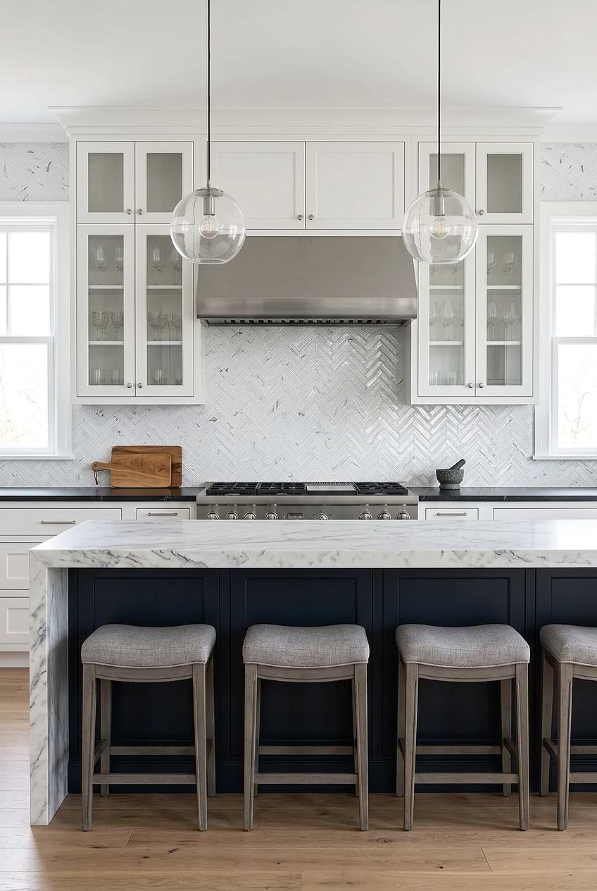 White Glass Herringbone Marble Kitchen Backsplash BA5503