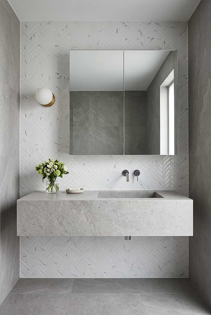 White Glass Herringbone Marble Shower Tile BA5503