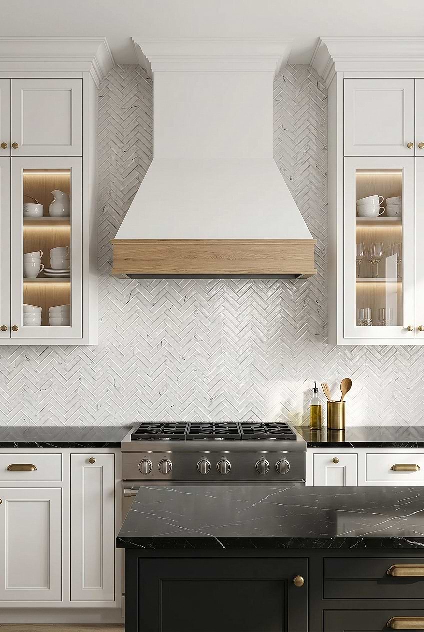 White Glass Herringbone Modern Kitchen Design BA5503