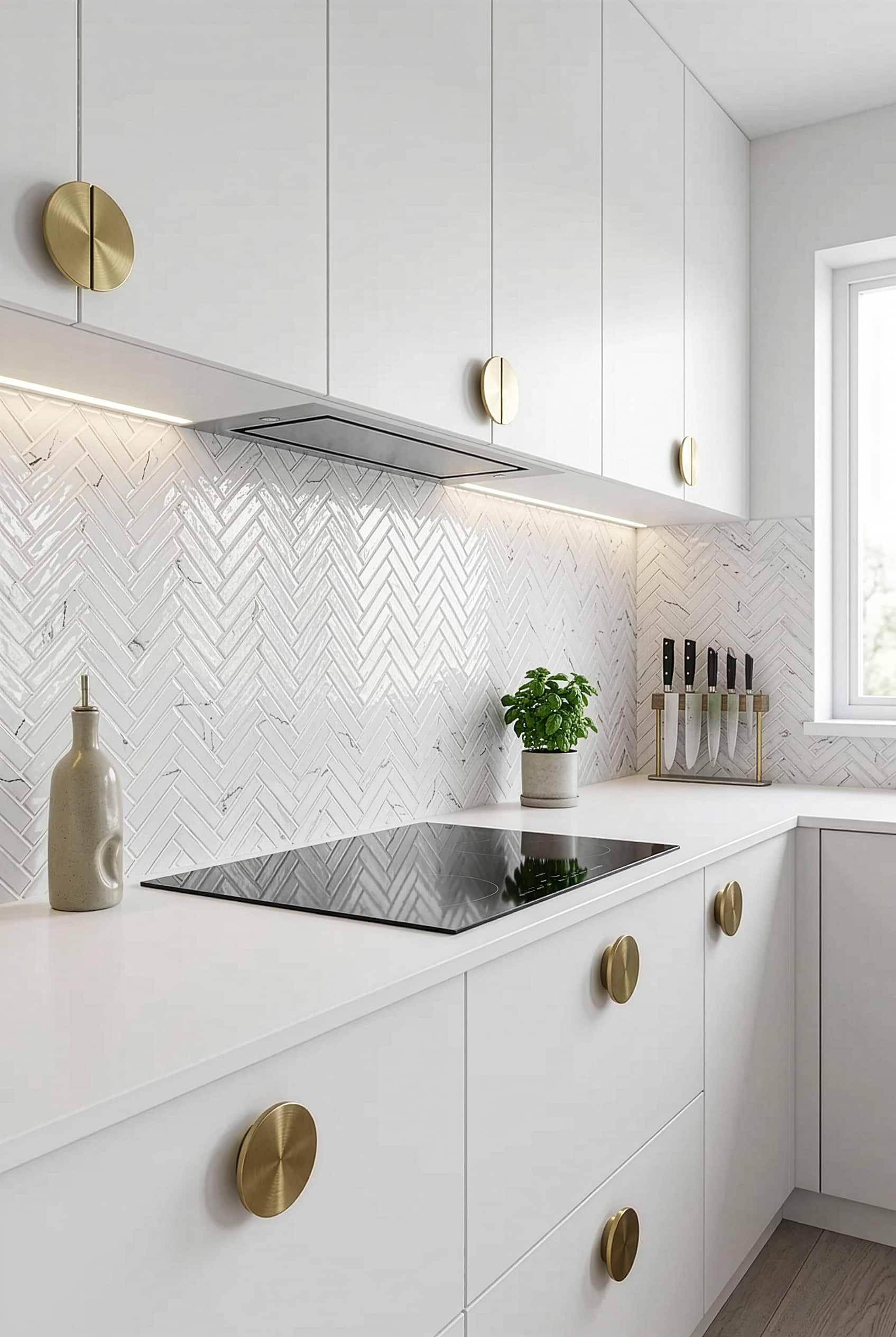 White Glass Herringbone Modern Kitchen Tile BA5503