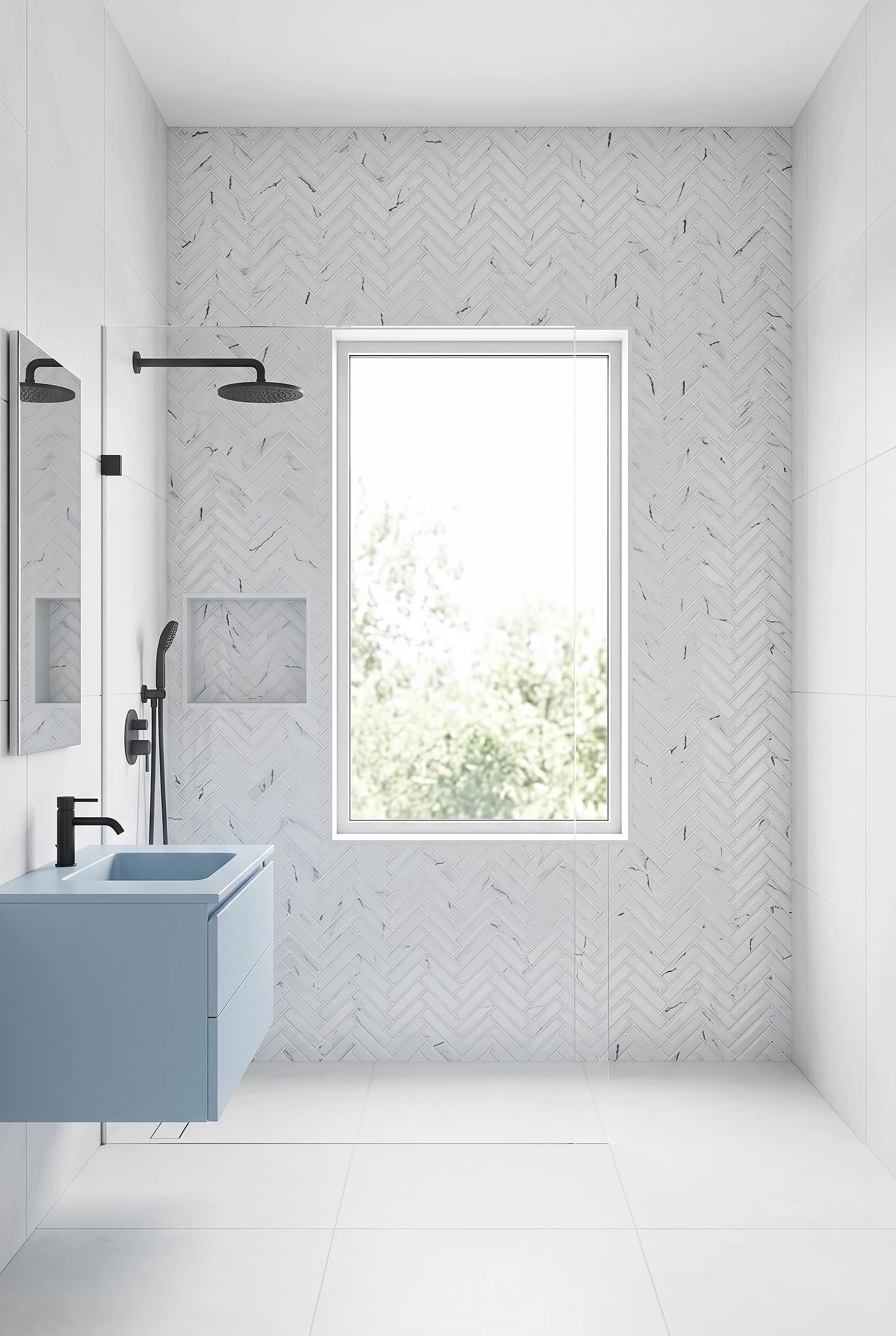 White Marble Look Glass Herringbone Shower with Light Blue Vanity BA5503