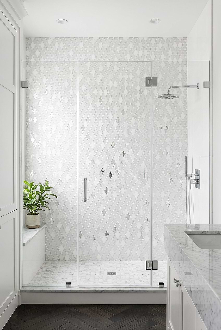 White Glass Marble Diamond Mosaic Bathroom BA62046
