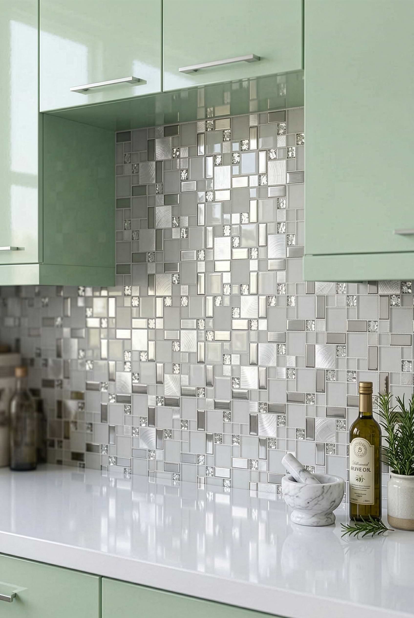 White Glass Metal Geometric Mosaic Backsplash BA1138