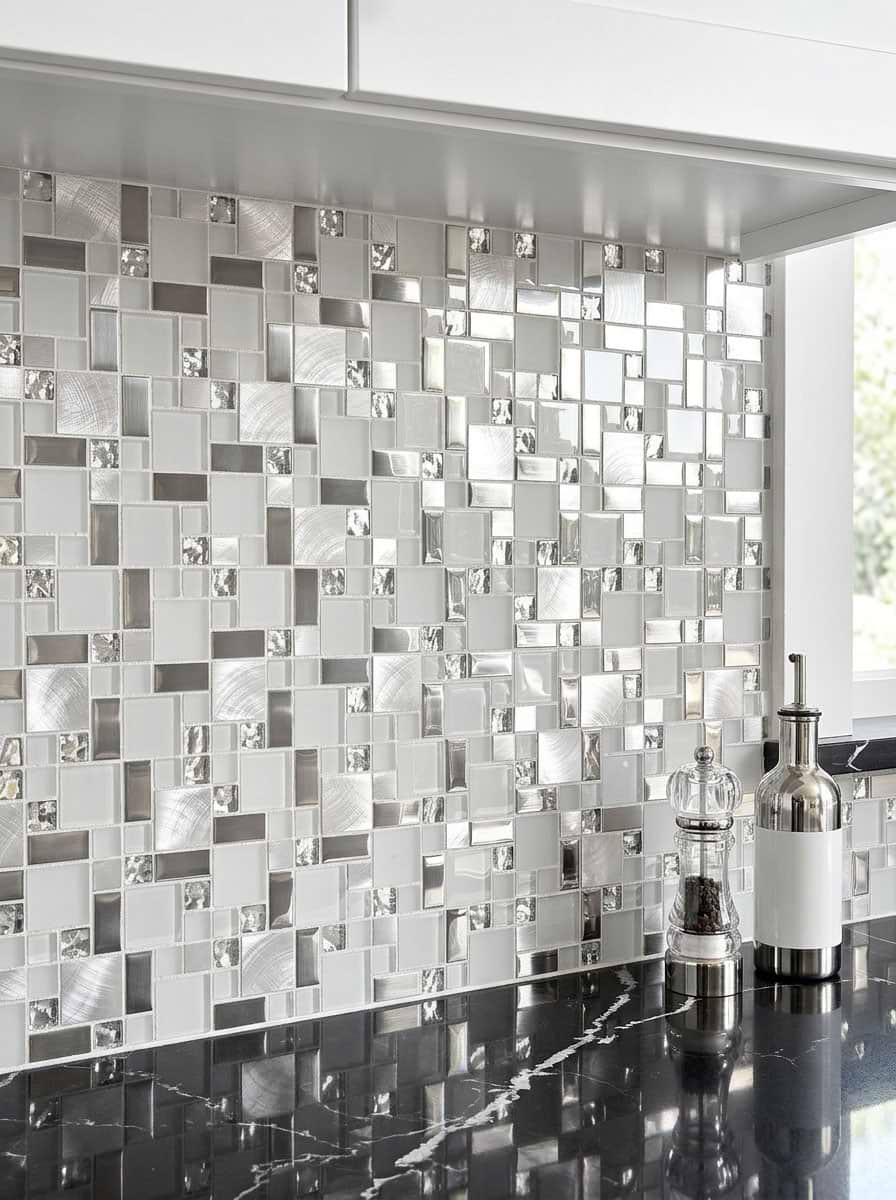 White Glass Metal Geometric Mosaic Tile White Glass Metal Geometric Mosaic Tile
