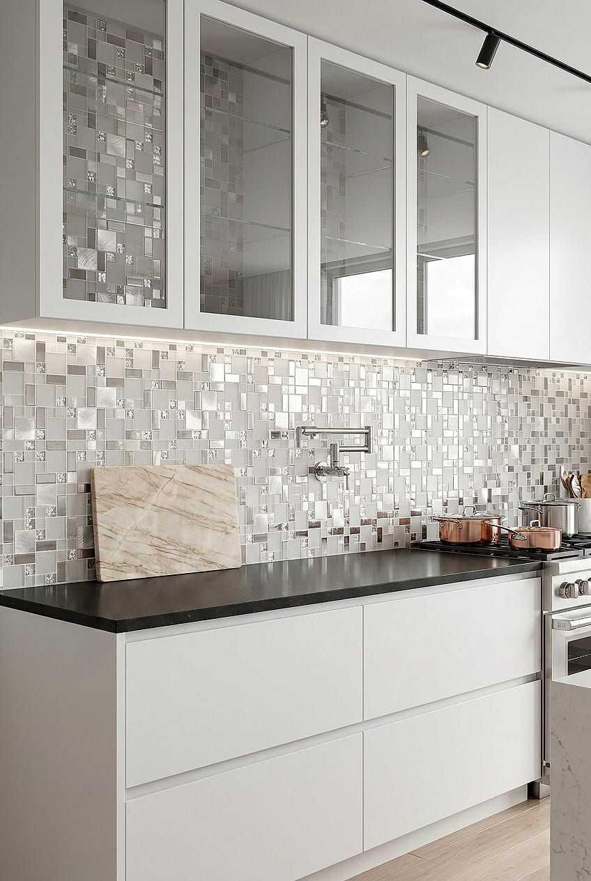 White Glass Metal Modern Mosaic Kitchen BA1138